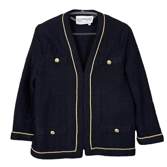Vtg Castleberry Knit Open Front Cardigan Sweater Jacket Black Gold Trim Size 8 - Picture 10 of 10